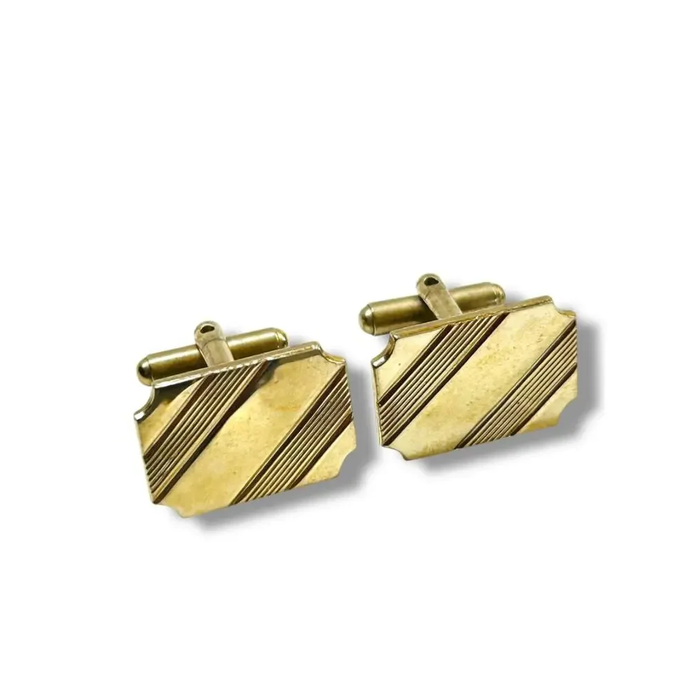 Goldtone Cufflinks Rectangular Diagonal Etched Stripe Pair Cuff Links